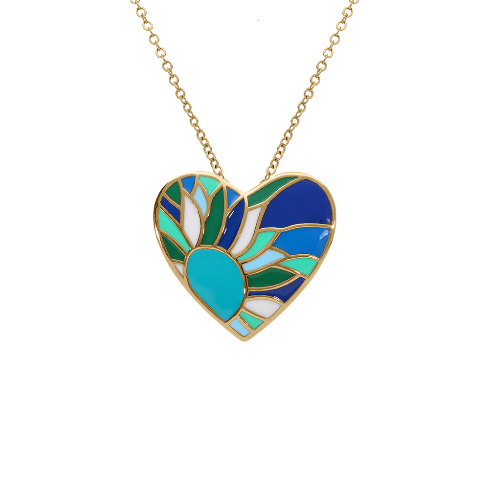 Collier Stella Mia en acier dor� pendentif  coeur r�sine bleu-vert    -  45+10cm - Vue 1