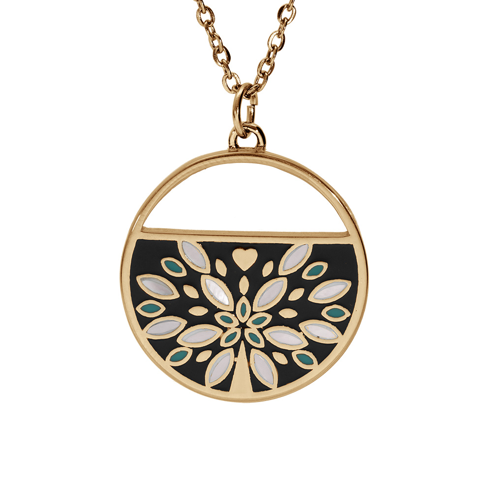 Collier Stella Mia en acier et PVD dor� cha�ne avec pendentif rond motifs p�tales en nacre longueur 45+5cm - Vue 1