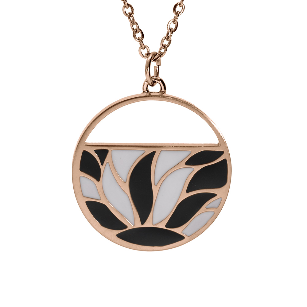 Collier Stella Mia en acier et PVD rose cha�ne avec pendentif rond motifs blancs et noirs longueur 45+5cm - Vue 1
