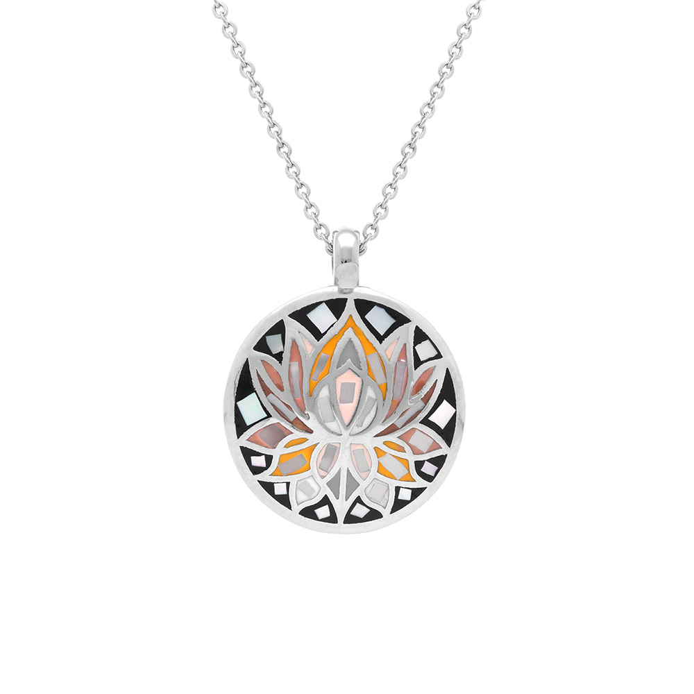 Collier Stella Mia en acier pedentif rond 16mm fleur de lotus r�sine et nacre  - 45+10cm - Vue 1