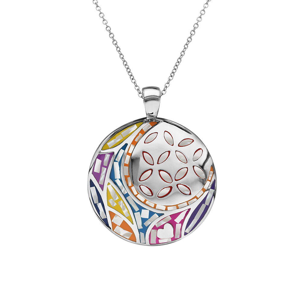 Collier  Stella Mia en acier pendentif  rond avec motif fleurs couleur pastel avec nacre 45cm + 10cm - Vue 1