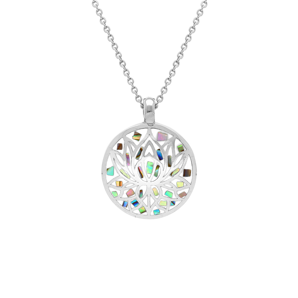 Collier Stella Mia en acier pendentif rond fleur de lotus r�sine et nacre  - 45+10cm - Vue 1