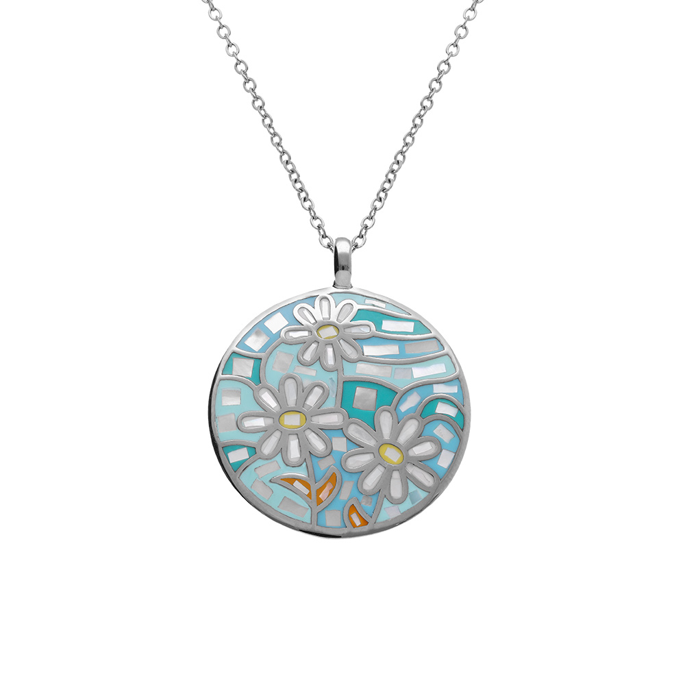 Collier Stella Mia en acier pendentif rond fleur rsine et nacre  - 45+10cm - Vue 1