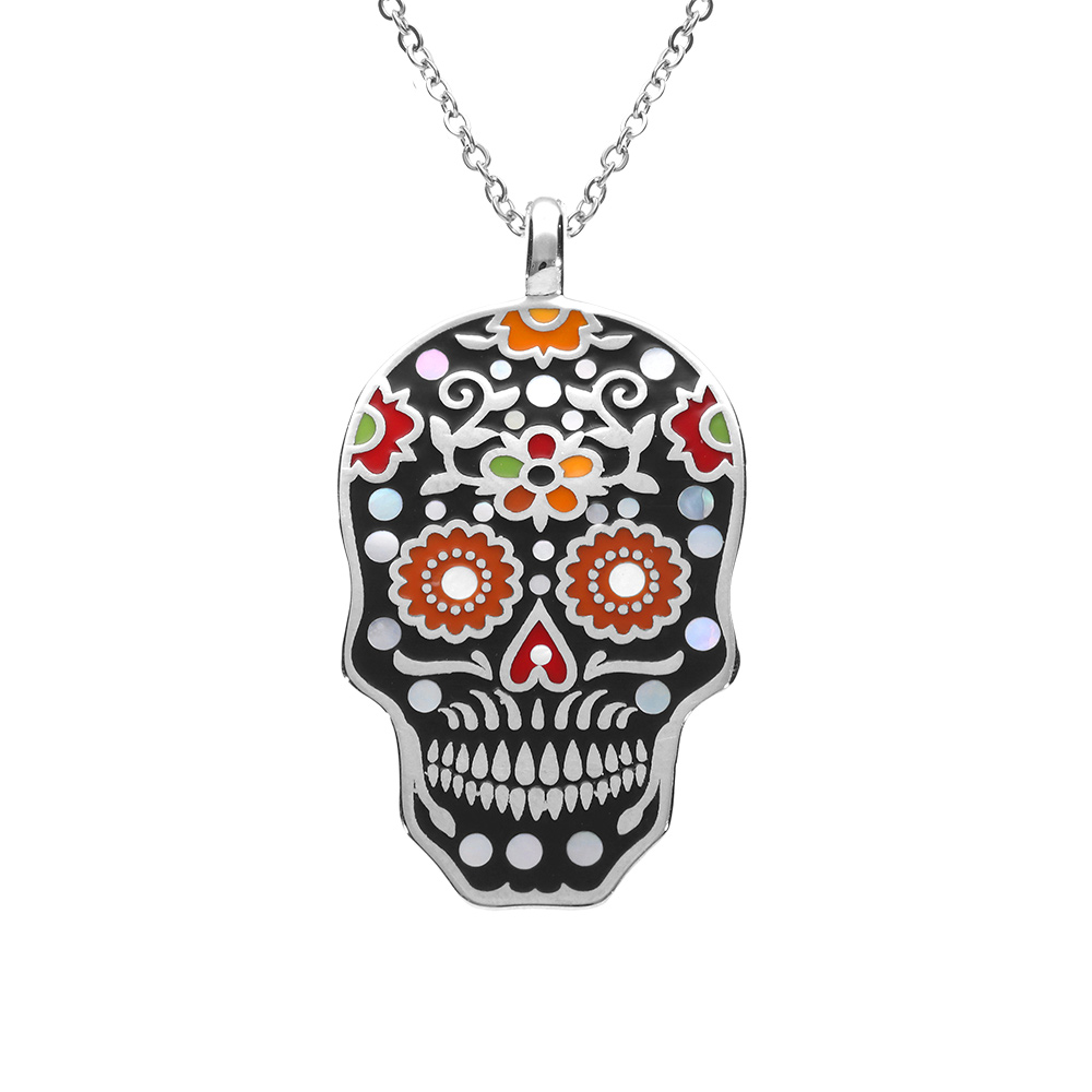 Collier Stella Mia en acier pendentif  t�te de mort r�sine multi couleur et nacre  - 45+10cm - Vue 1