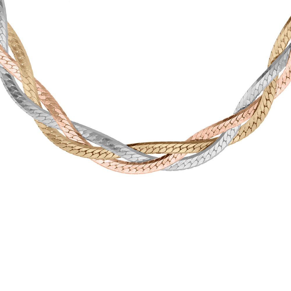 Collier tress� compos� de  trois chaines plates en argent, dorure rose et jaune - 42cm - Vue 1