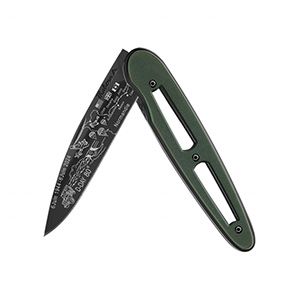 Couteau acier finition titane noir plaquette ajour�e r�sine g10 kaki motif �d-day�
