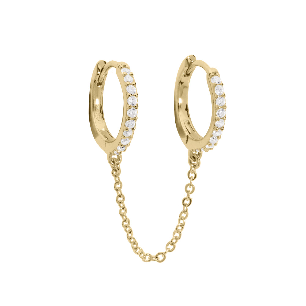 Cr�ole vermeil double avec cha�nette et oxydes blancs sertis (pour 2 trous) - Vue 1