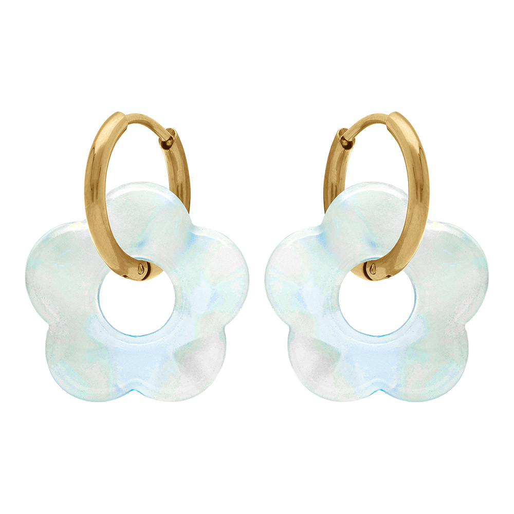 Cr�oles en acier dor� 15mm articul�e fleur en r�sine bleu ciel effet nacr� - Vue 1