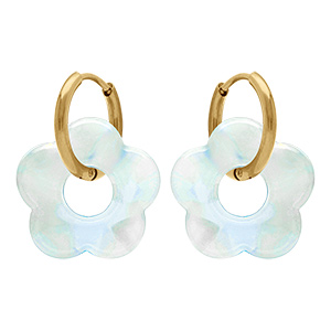 Cr�oles en acier dor� 15mm articul�e fleur en r�sine bleu ciel effet nacr�