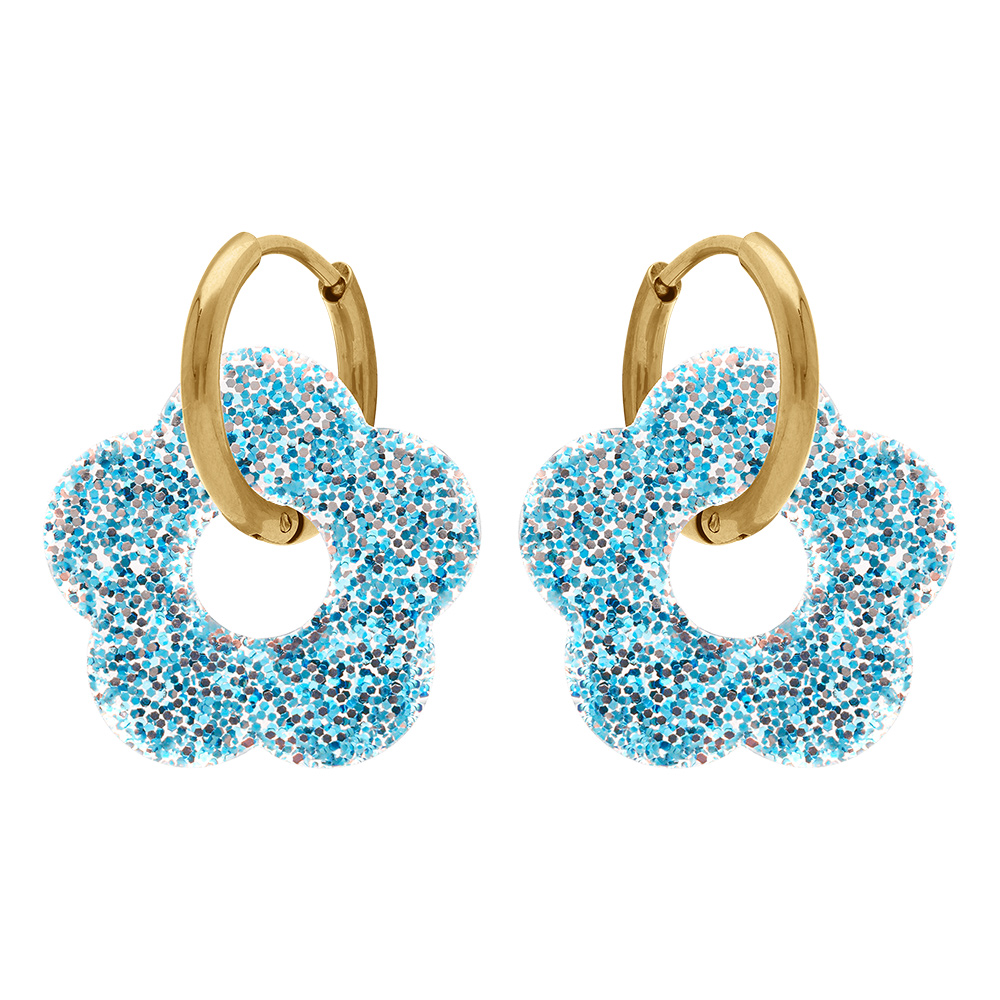Cr�oles en acier dor� 15mm articul�e fleur en r�sine bleu ciel paillet�e - Vue 1