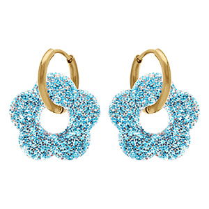 Cr�oles en acier dor� 15mm articul�e fleur en r�sine bleu ciel paillet�e