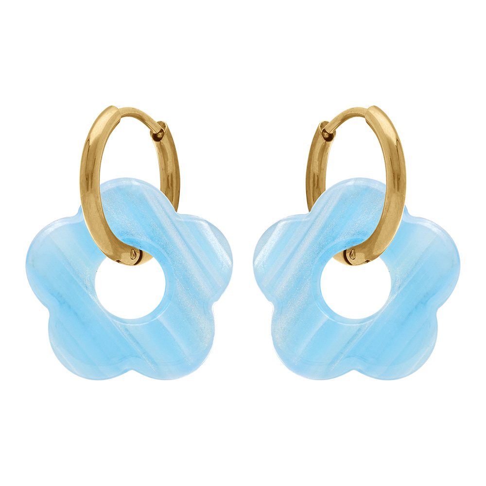 Cr�oles en acier dor� 15mm articul�e fleur en r�sine bleu turquoise effet nacr� - Vue 1