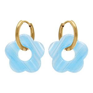 Cr�oles en acier dor� 15mm articul�e fleur en r�sine bleu turquoise effet nacr�