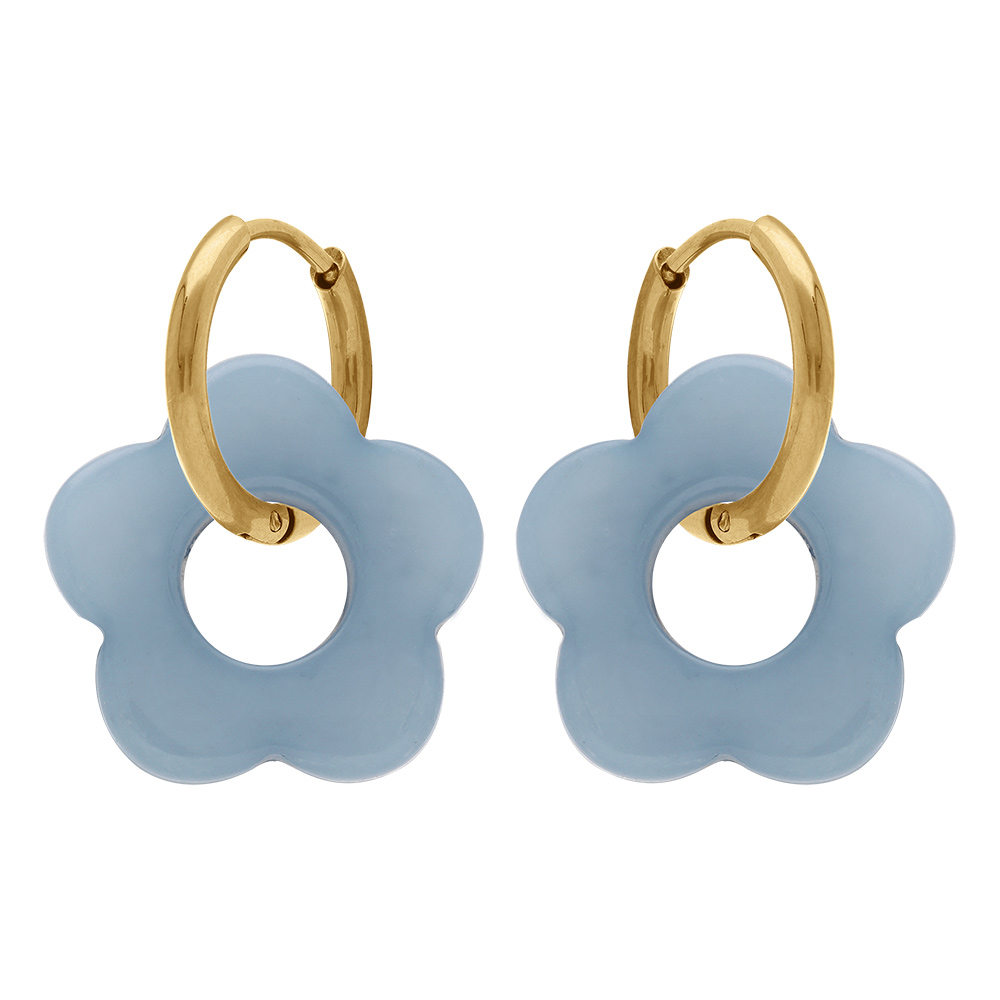 Cr�oles en acier dor� 15mm articul�e fleur en r�sine bleue - Vue 1