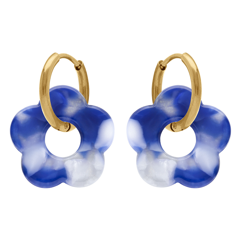 Cr�oles en acier dor� 15mm articul�e fleur en r�sine bleue effet nuanc� - Vue 1
