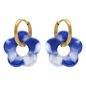 Cr�oles en acier dor� 15mm articul�e fleur en r�sine bleue effet nuanc�