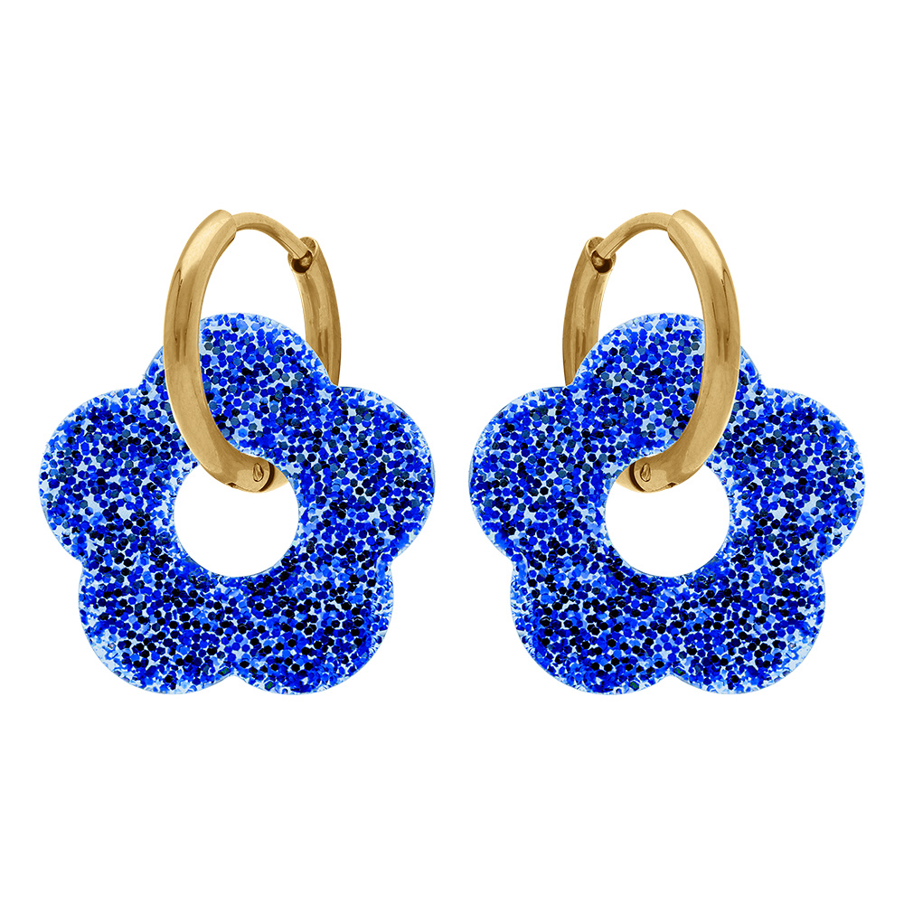 Cr�oles en acier dor� 15mm articul�e fleur en r�sine bleue paillet�e - Vue 1