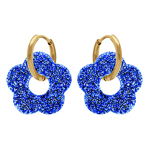 Cr�oles en acier dor� 15mm articul�e fleur en r�sine bleue paillet�e