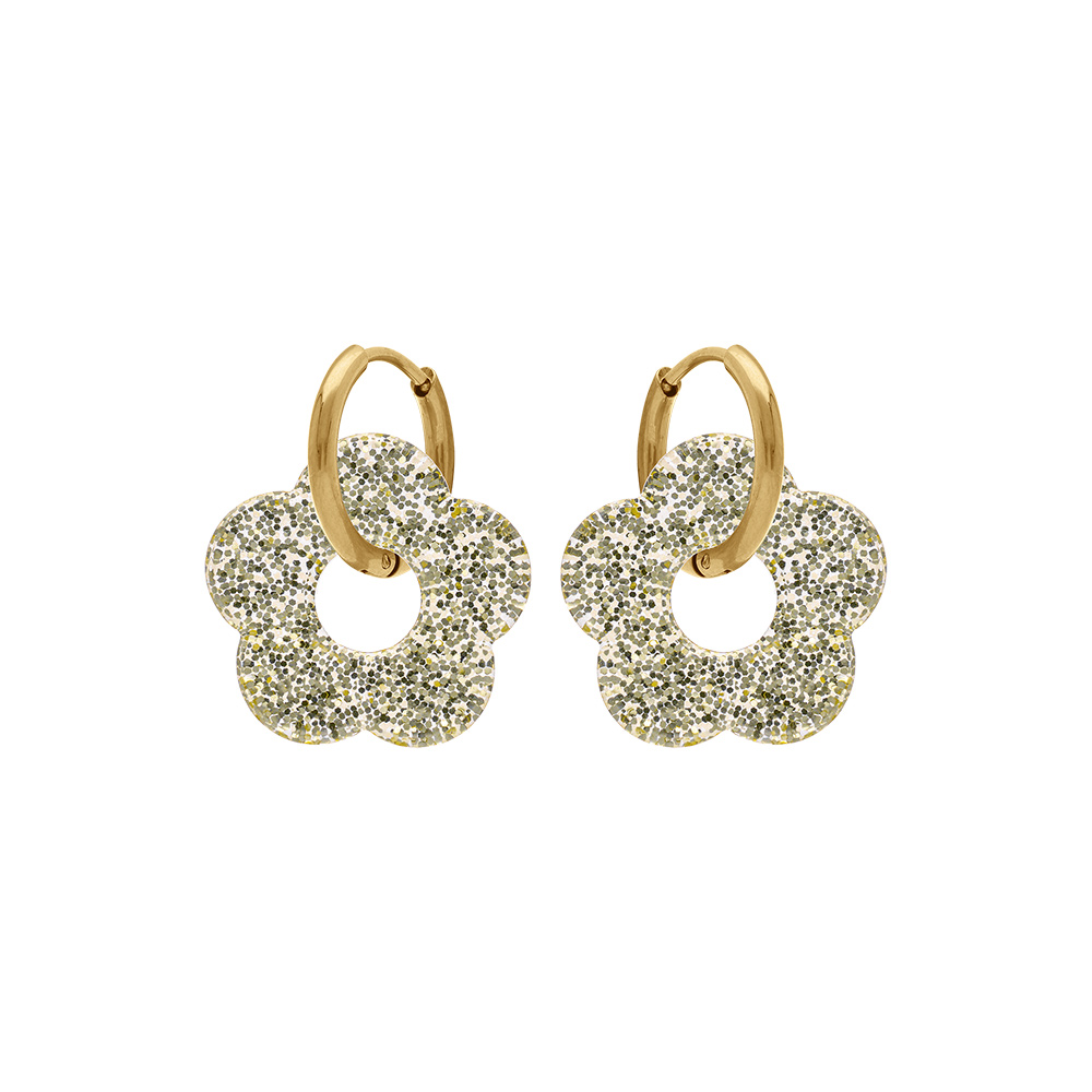Cr�oles en acier dor� 15mm articul�e fleur en r�sine champagne paillet�e - Vue 1