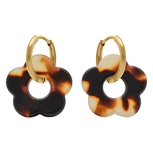 Cr�oles en acier dor� 15mm articul�e fleur en r�sine �caille de tortue marron