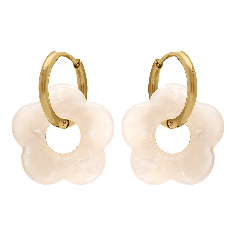 Cr�oles en acier dor� 15mm articul�e fleur en r�sine effet nacr� - Vue 1