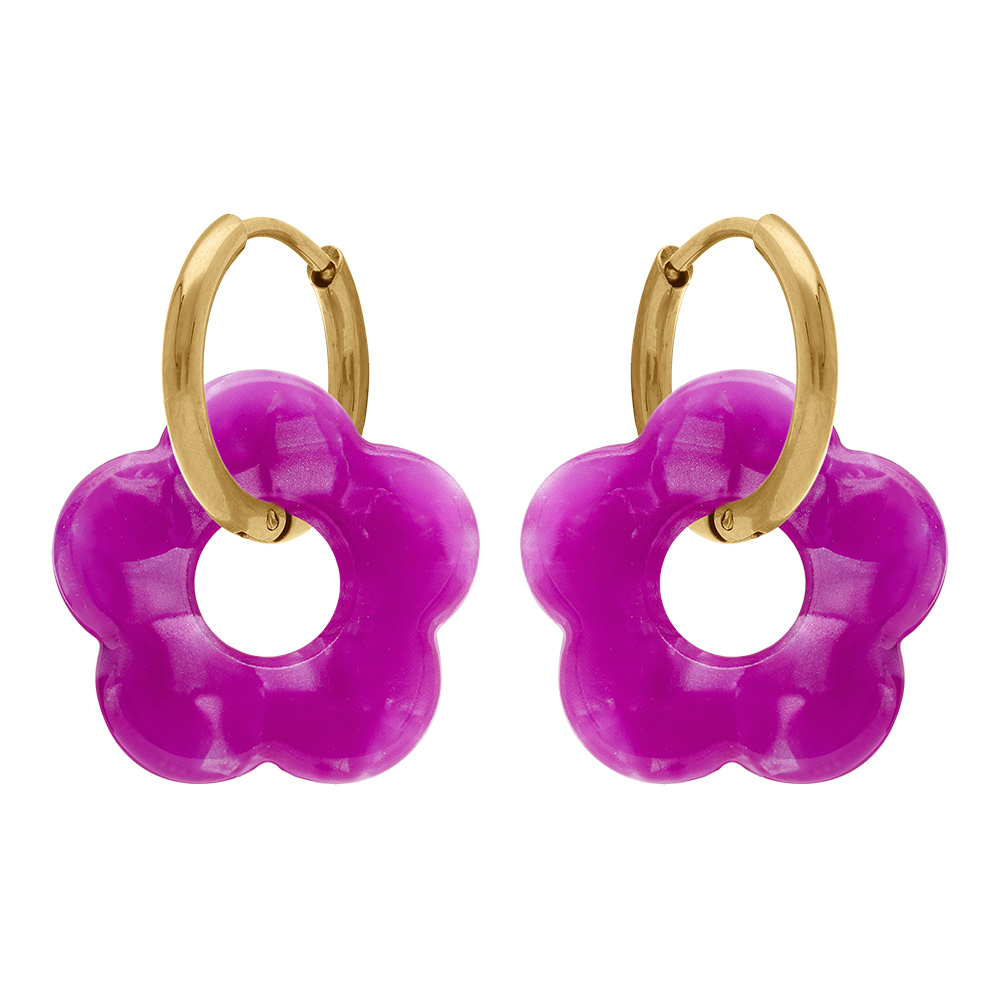 Cr�oles en acier dor� 15mm articul�e fleur en r�sine fuschia effet nacr� - Vue 1