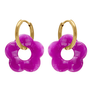 Cr�oles en acier dor� 15mm articul�e fleur en r�sine fuschia effet nacr�