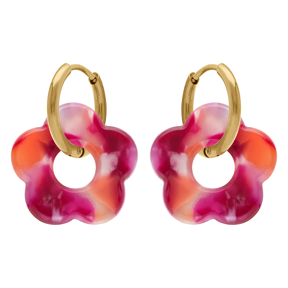 Cr�oles en acier dor� 15mm articul�e fleur en r�sine fuschia effet nuanc� - Vue 1