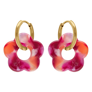Cr�oles en acier dor� 15mm articul�e fleur en r�sine fuschia effet nuanc�