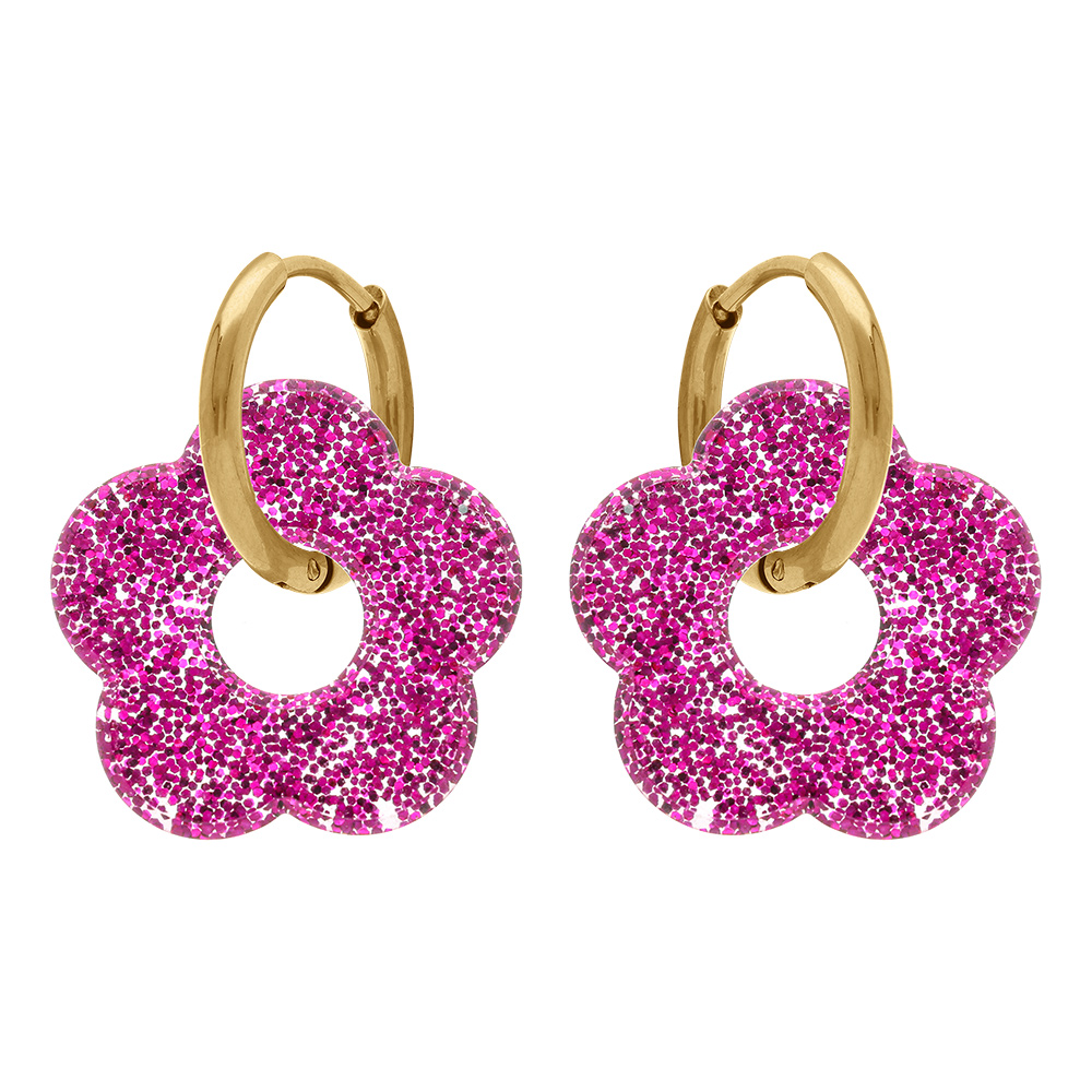 Cr�oles en acier dor� 15mm articul�e fleur en r�sine fuschia paillet�e - Vue 1