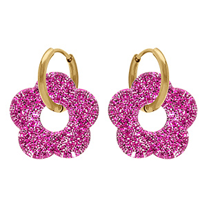 Cr�oles en acier dor� 15mm articul�e fleur en r�sine fuschia paillet�e