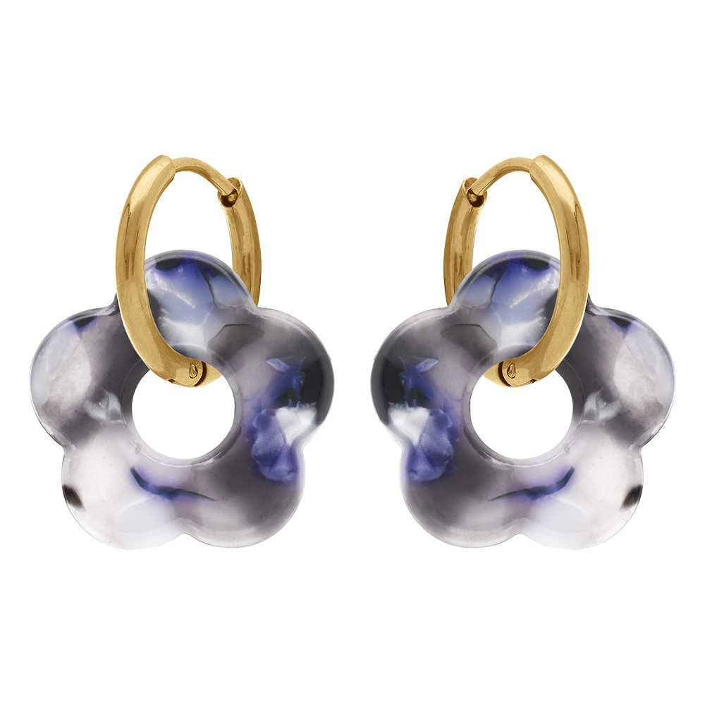 Cr�oles en acier dor� 15mm articul�e fleur en r�sine grise effet nuanc� - Vue 1