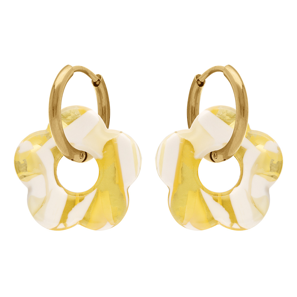 Cr�oles en acier dor� 15mm articul�e fleur en r�sine jaune effet nuanc� - Vue 1