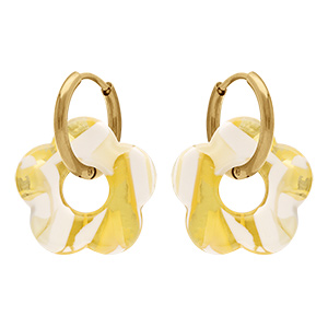 Cr�oles en acier dor� 15mm articul�e fleur en r�sine jaune effet nuanc�