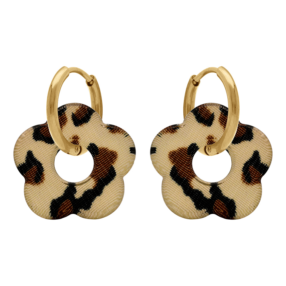 Cr�oles en acier dor� 15mm articul�e fleur en r�sine l�opard - Vue 1