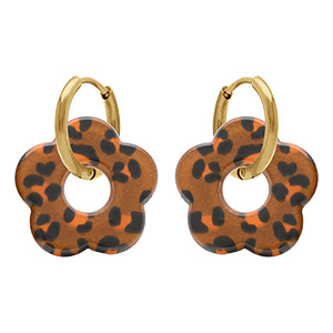 Cr�oles en acier dor� 15mm articul�e fleur en r�sine l�opard fond marron et taches orange