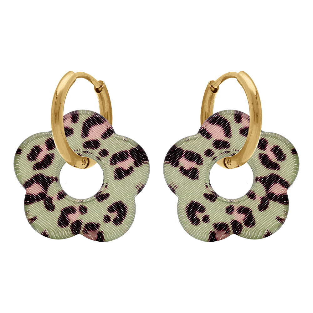 Cr�oles en acier dor� 15mm articul�e fleur en r�sine l�opard fond vert - Vue 1