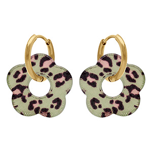 Cr�oles en acier dor� 15mm articul�e fleur en r�sine l�opard fond vert