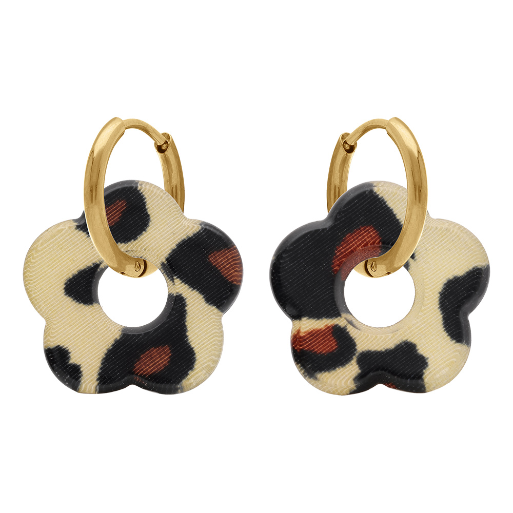 Cr�oles en acier dor� 15mm articul�e fleur en r�sine l�opard marron et beige - Vue 1