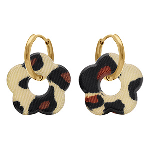 Cr�oles en acier dor� 15mm articul�e fleur en r�sine l�opard marron et beige