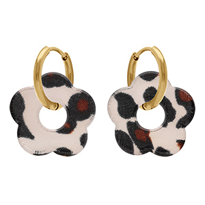 Cr�oles en acier dor� 15mm articul�e fleur en r�sine l�opard marron et blanc