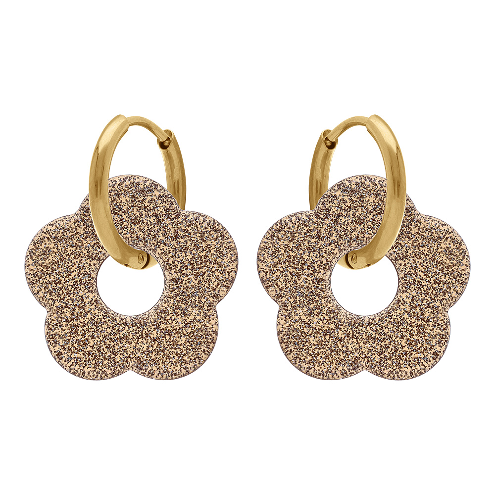 Cr�oles en acier dor� 15mm articul�e fleur en r�sine marron paillet� - Vue 1