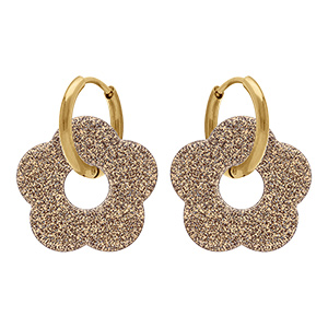 Cr�oles en acier dor� 15mm articul�e fleur en r�sine marron paillet�