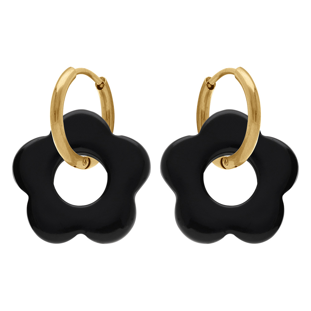 Cr�oles en acier dor� 15mm articul�e fleur en r�sine noire - Vue 1