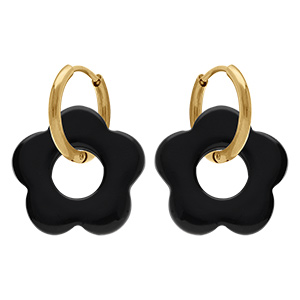 Cr�oles en acier dor� 15mm articul�e fleur en r�sine noire