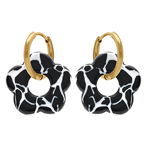Cr�oles en acier dor� 15mm articul�e fleur en r�sine noire et blanche