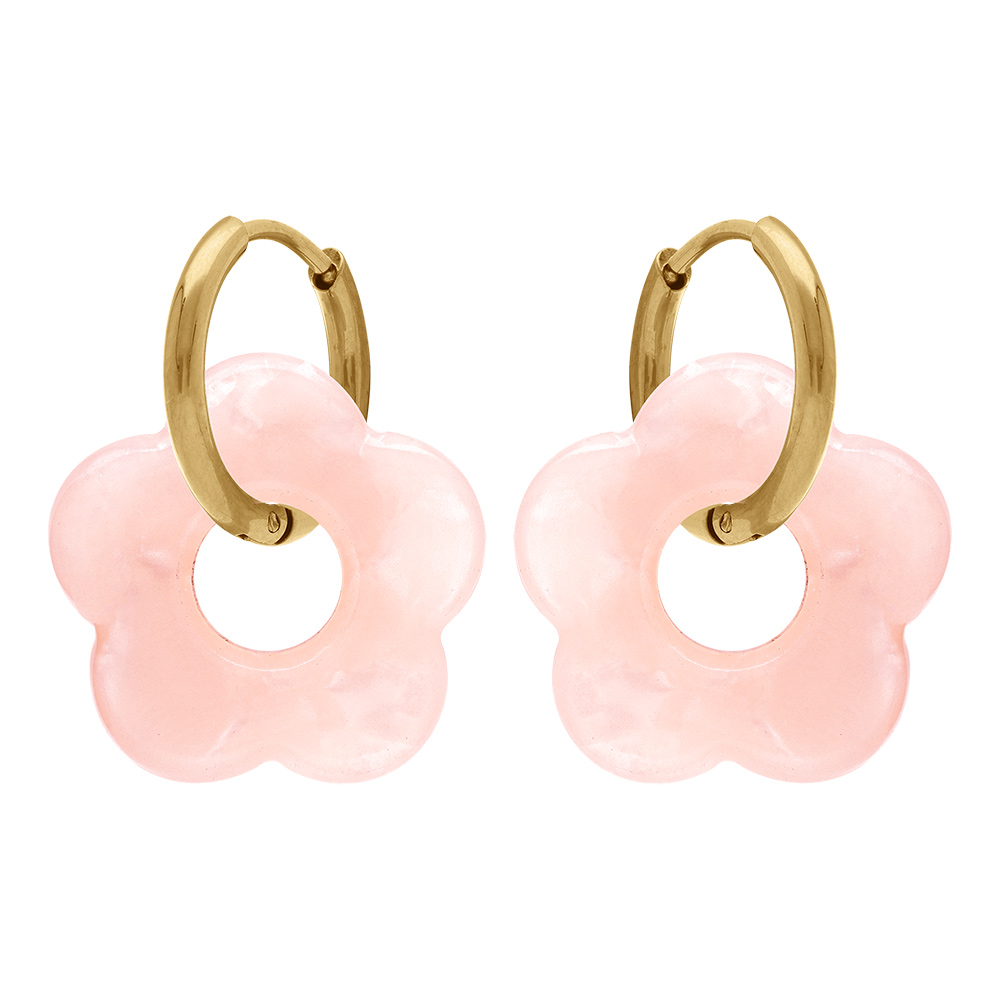 Cr�oles en acier dor� 15mm articul�e fleur en r�sine rose effet nacr� - Vue 1