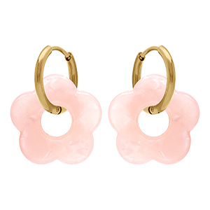 Cr�oles en acier dor� 15mm articul�e fleur en r�sine rose effet nacr�