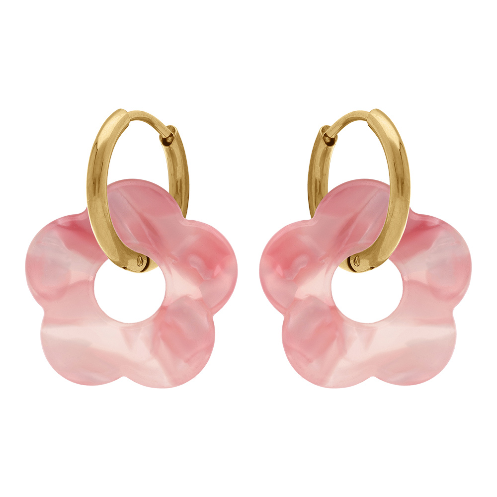 Cr�oles en acier dor� 15mm articul�e fleur en r�sine rose effet nuanc� - Vue 1