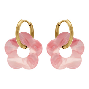 Cr�oles en acier dor� 15mm articul�e fleur en r�sine rose effet nuanc�